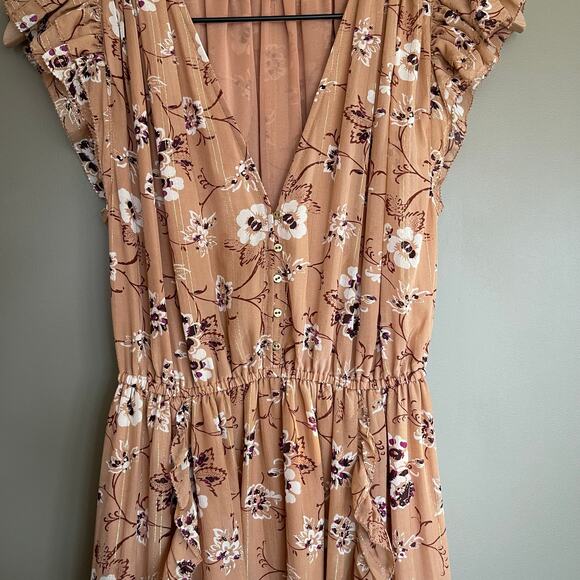ULLA JOHNSON Ciel Dress In Cafe Size 2 Tan Silk Gold Metallic Floral Flowy Midi - Picture 5 of 16